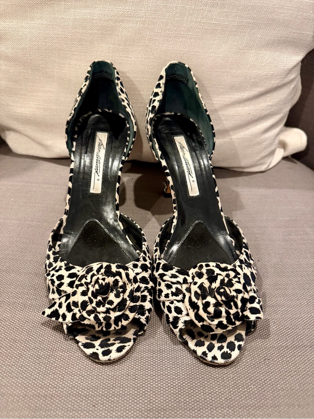 RARE VINTAGE BRIAN ATWOOD Black and White Leopard Peep-Toe Heels with Floral